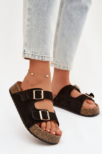 Women's Slippers on Cork Platform with Gold Clips Black Tovessa