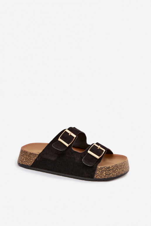 Women's Slippers on Cork Platform with Gold Clips Black Tovessa