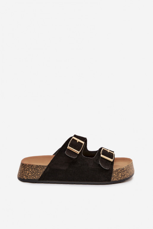 Klapki Damskie Na Korkowej Platformie Ze Złotymi Klamrami Czarne Tovessa