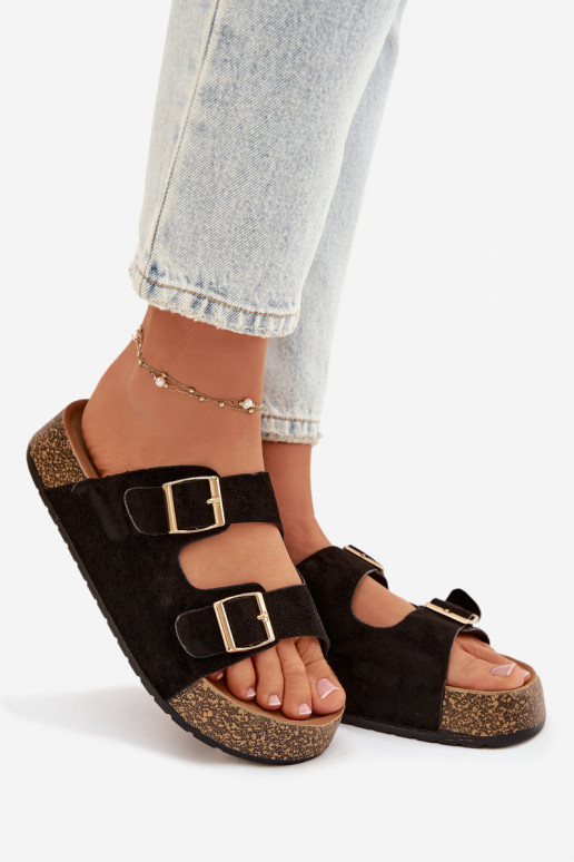 Women's Slippers on Cork Platform with Gold Clips Black Tovessa
