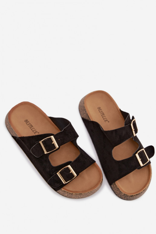 Women's Slippers on Cork Platform with Gold Clips Black Tovessa