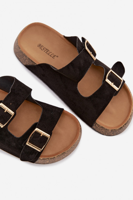 Women's Slippers on Cork Platform with Gold Clips Black Tovessa