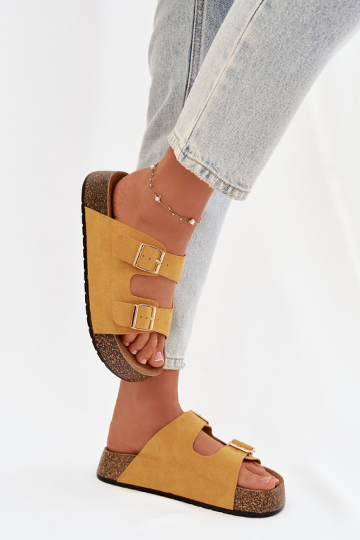Women's Slippers on Cork Platform with Gold Clips Yellow Tovessa