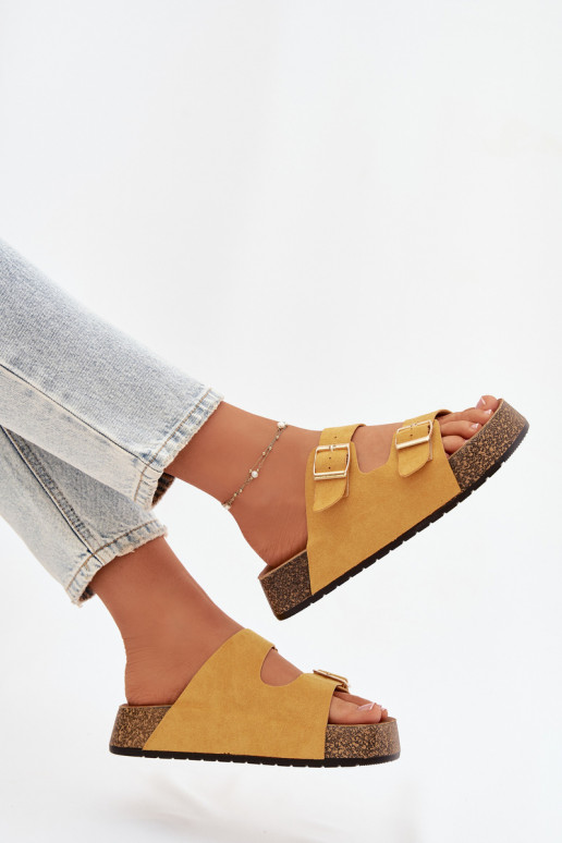 Women's Slippers on Cork Platform with Gold Clips Yellow Tovessa