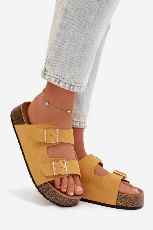 Women's Slippers on Cork Platform with Gold Clips Yellow Tovessa