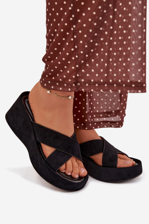 Klapki Damskie Na KoturniewithEko Zamszu Czarne Calorine