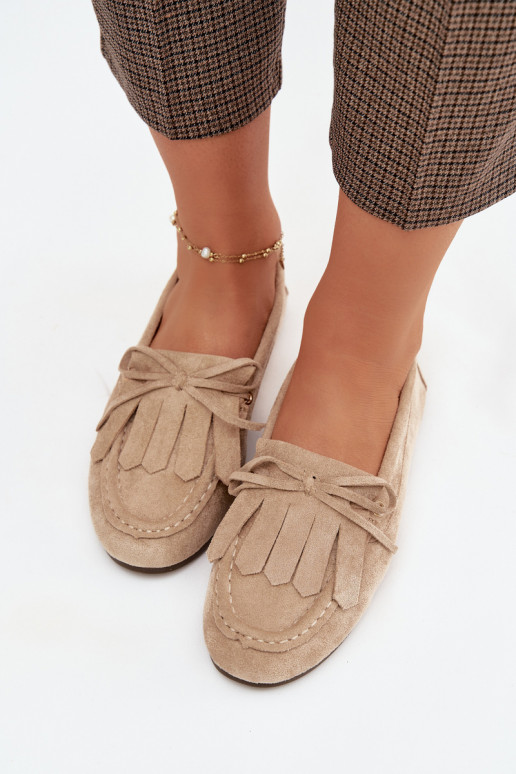 Women's Beige Moccasins with Lacing and Fringes Glorina