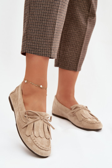 Women's Beige Moccasins with Lacing and Fringes Glorina 2