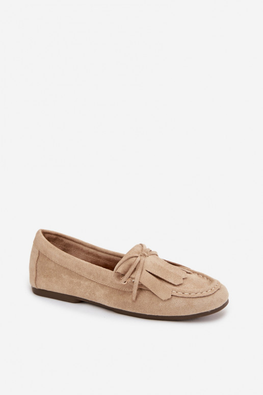 Women's Beige Moccasins with Lacing and Fringes Glorina