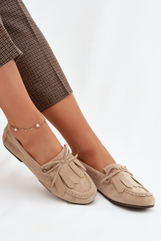 Women's Beige Moccasins with Lacing and Fringes Glorina