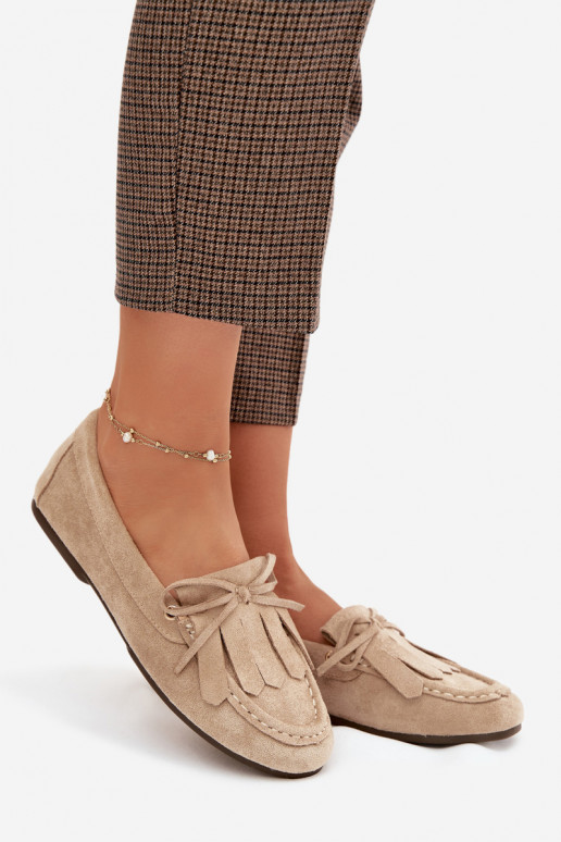 Women's Beige Moccasins with Lacing and Fringes Glorina