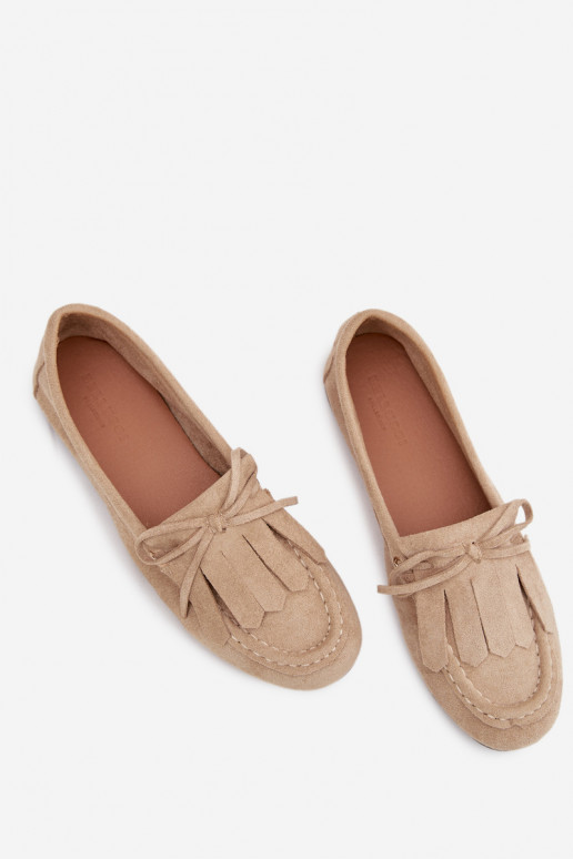 Women's Beige Moccasins with Lacing and Fringes Glorina