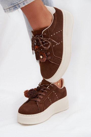 Women's Platform Sneakers with Decorative Pompons Chocolate Corinna