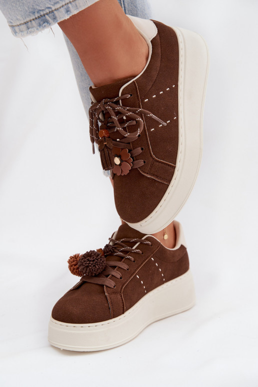 Women's Platform Sneakers with Decorative Pompons Chocolate Corinna