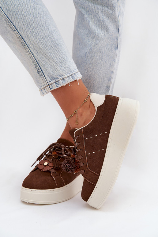 Women's Platform Sneakers with Decorative Pompons Chocolate Corinna