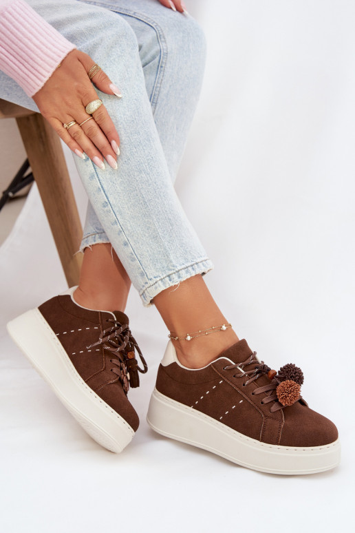 Women's Platform Sneakers with Decorative Pompons Chocolate Corinna