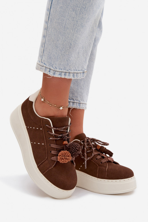 Women's Platform Sneakers with Decorative Pompons Chocolate Corinna
