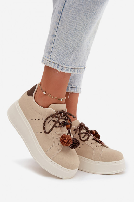Women's Platform Sneakers with Decorative Pompons Beige Corinna