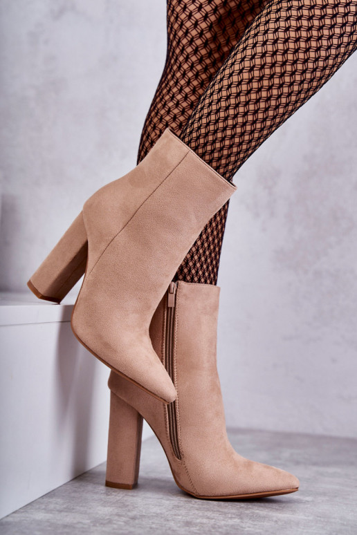 Eleganckie Zamszowe Botki Na Słupku Ciemnobeżowe Ettany