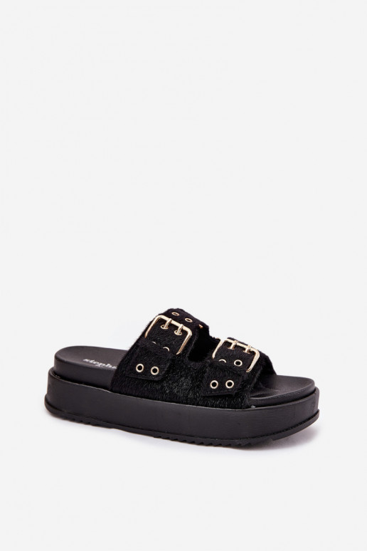 Ladies Sandals With Golden Buckles On Platform Black Virvania