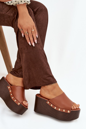 Women's Platform Slides with Buckles Camel Mareline