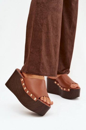 Women's Platform Slides with Buckles Camel Mareline 2