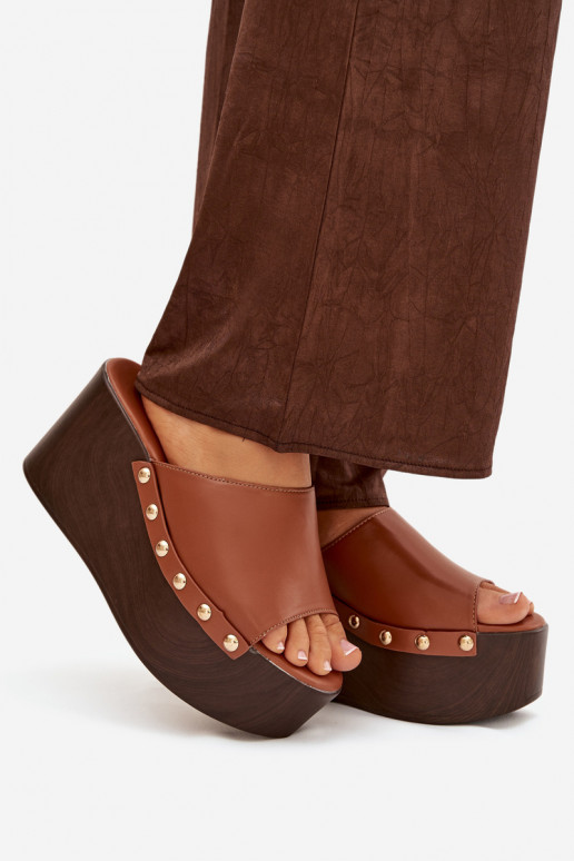 Women's Platform Slides with Buckles Camel Mareline