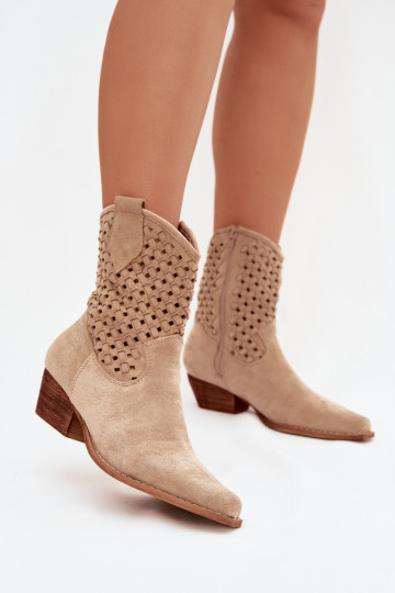 Beige Openwork High Heel Ankle Boots by Ferissa 2