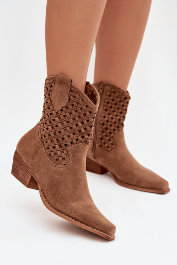 Openwork High Heel Ankle Boots by Ferissa Camel 2