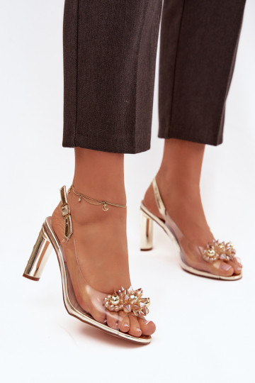 Transparent Block Heel Sandals With Embellishments D&A MR52-232 Gold
