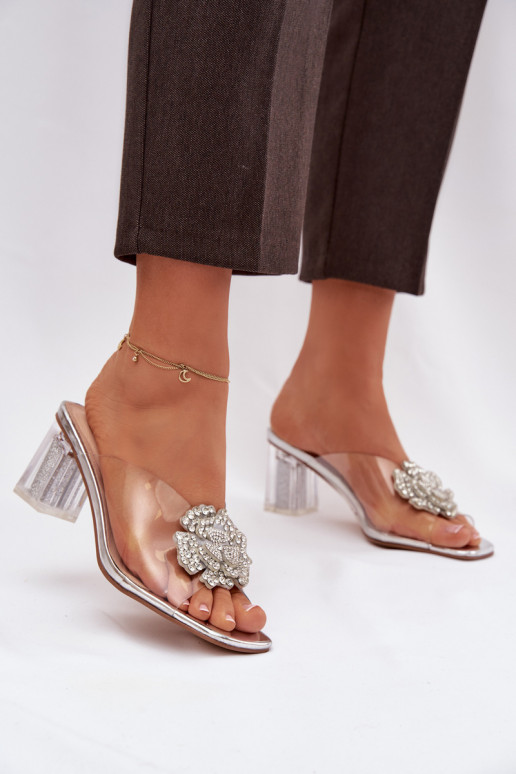 Transparent Block Heels Sandals with Decoration D&A MR1037-20 Silver