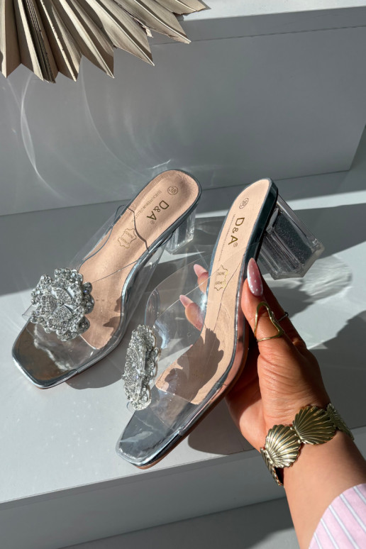 Transparent Block Heels Sandals with Decoration D&A MR1037-20 Silver