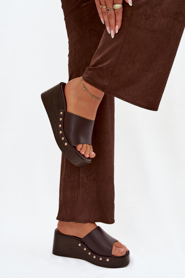 Women's Platform Slides with Gold Studs Chocolate Arionne