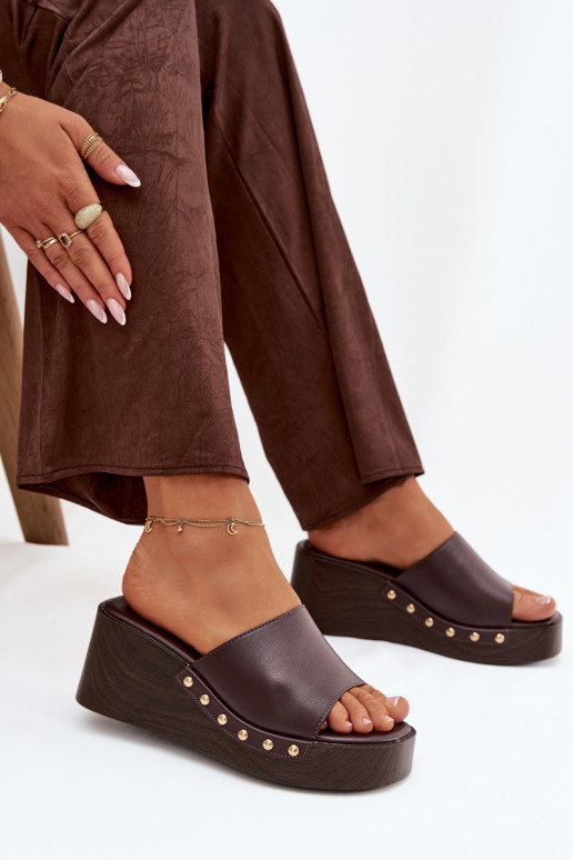 Women's Platform Slides with Gold Studs Chocolate Arionne