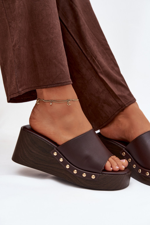 Women's Platform Slides with Gold Studs Chocolate Arionne