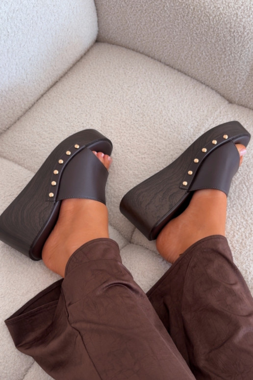 Women's Platform Slides with Gold Studs Chocolate Arionne