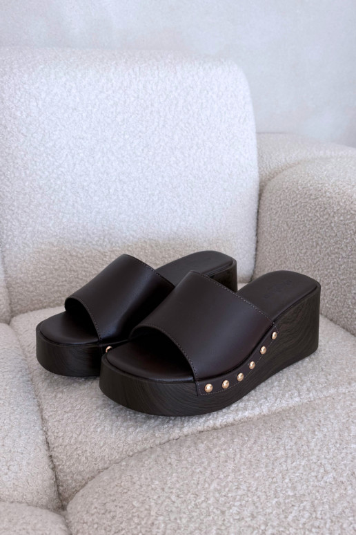 Women's Platform Slides with Gold Studs Chocolate Arionne