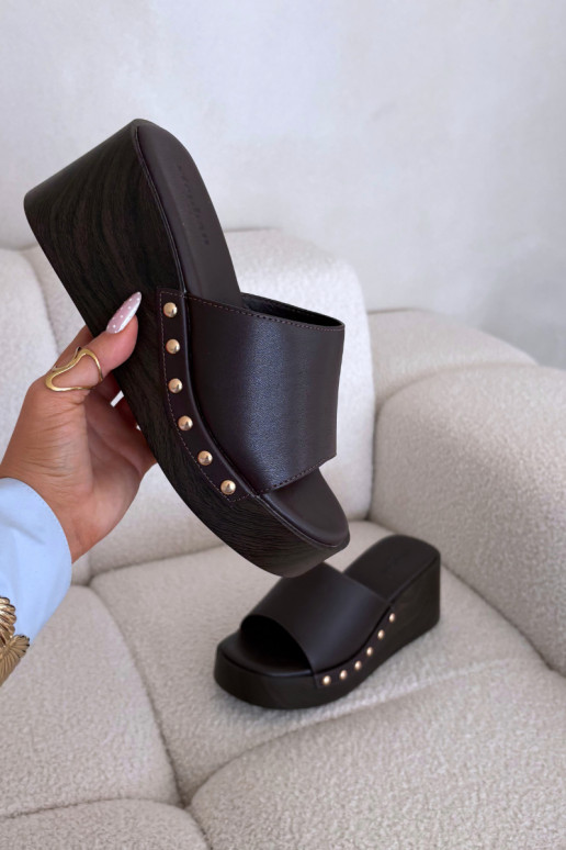 Women's Platform Slides with Gold Studs Chocolate Arionne