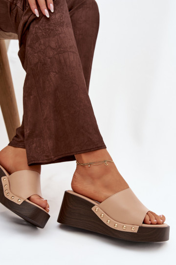 Women's Platform Sandals with Gold Studs Beige Arionne