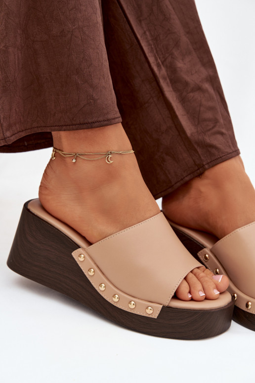 Women's Platform Sandals with Gold Studs Beige Arionne