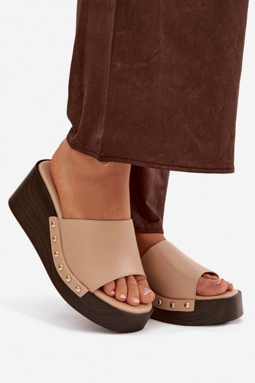 Women's Platform Sandals with Gold Studs Beige Arionne