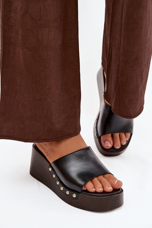 Women's Platform Flip Flops with Gold Studs Black Arionne