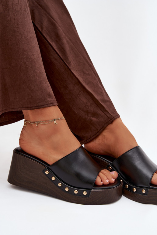 Women's Platform Flip Flops with Gold Studs Black Arionne