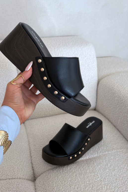 Women's Platform Flip Flops with Gold Studs Black Arionne