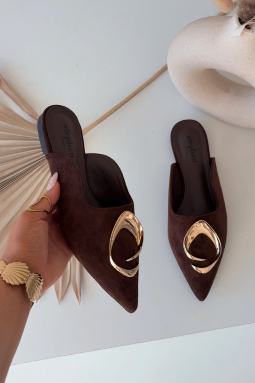 Women's Mules Slippers with Decorative Gold Detail Chocolate Galvella