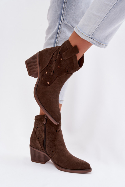 Women's Cowgirl Ankle Boots with Lace Pattern Chocolate Nolvina