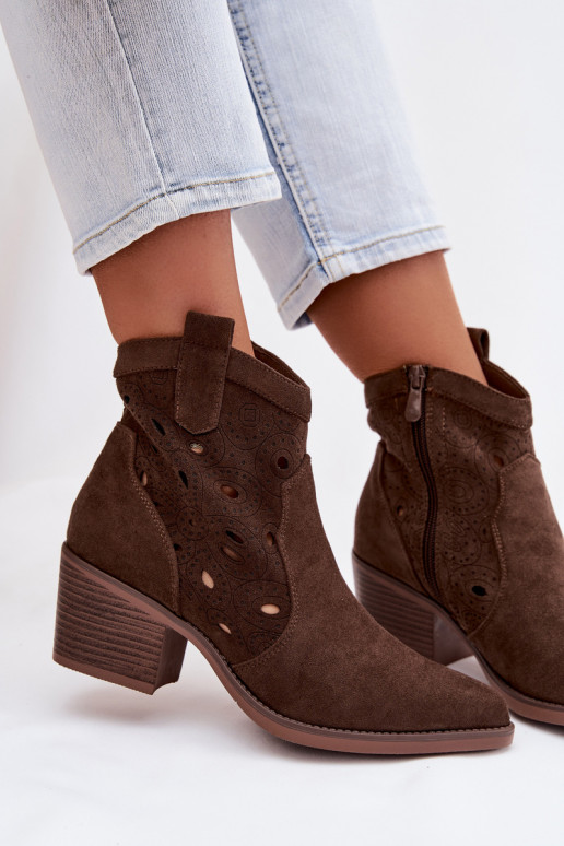 Women's Cowgirl Ankle Boots with Lace Pattern Chocolate Nolvina