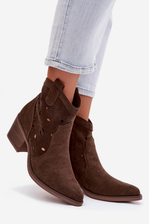 Women's Cowgirl Ankle Boots with Lace Pattern Chocolate Nolvina