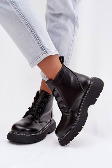 Women's Insulated Platform Ankle Boots Lace-Up Black Harmine