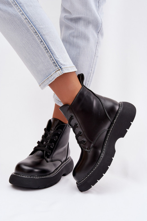 Women's Insulated Platform Ankle Boots Lace-Up Black Harmine
